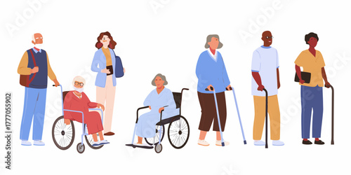 Diverse group of elderly people and a caregiver with mobility aids and wheelchairs on white background