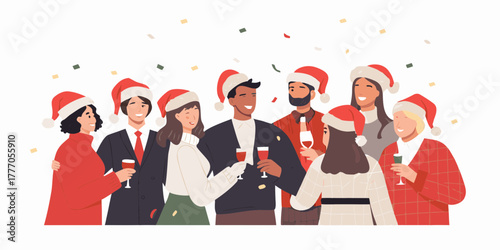 Diverse group of friends and colleagues celebrating christmas and new year with drinks and confetti