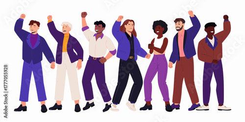 Diverse group of people standing together with raised fists in solidarity and protest