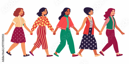 Diverse group of women holding hands and walking together in solidarity and unity