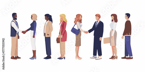 Diverse group of business professionals shaking hands and standing in a line against a white background
