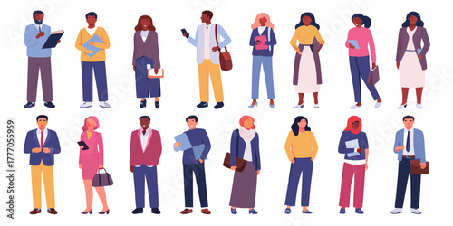 Diverse group of professional men and women standing together in business attire holding documents and bags