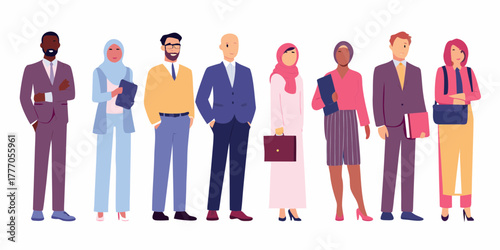 Diverse group of business professionals standing together in a line with a white background