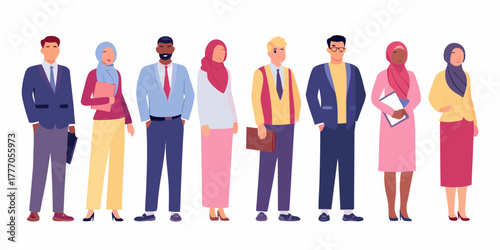 Diverse group of professionals standing together in business attire with a variety of skin tones and headscarves