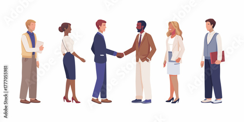 Diverse group of business professionals in smart casual attire interacting and shaking hands on white background