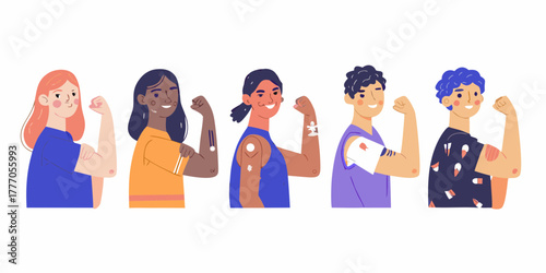 Diverse group of people flexing their arms showing vaccination patches and bandages celebrating health and immunity