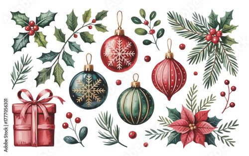 Capture the magic of the holidays with this festive collection of watercolor Christmas ornaments, poinsettias, holly, and a beautiful gift box perfect for festive designs.