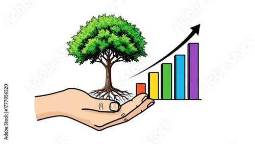 High-Quality Black Outline Colorful Art of Human Hand Holding Growing Tree Beside Rising Bar Chart, Representing Eco-Conscious Sustainable Business Growth, on White Background