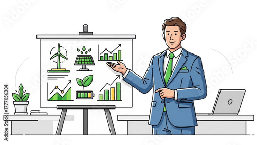 High-Quality Black Outline Colorful Art of Businessperson Presenting Board with Green Energy Icons and Graphs, Clean Modern Office Setting, on White Background