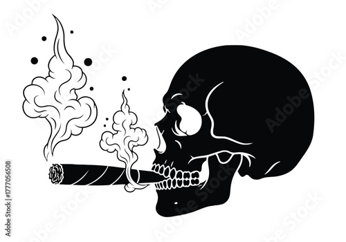 Skull with cigarette and smoke illustration in black and white
