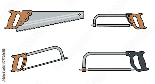 Vector icon set of hand saws and hacksaws displayed on a white background