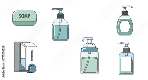 Collection of soap and dispenser icons in modern style on white background