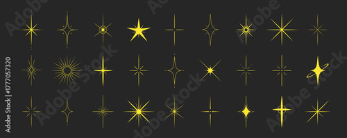 Stars shape set. Twinkle star symbols. Flat Vector illustration isolated on black background.