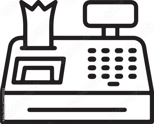 Simple line art icon of a vintage cash register with receipt