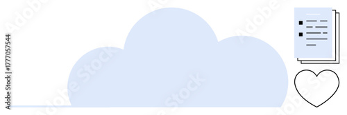 Large cloud shape with document stack and heart symbol. Ideal for technology, cloud storage, organization, data sharing, file backup, user experience, communication simple flat metaphor