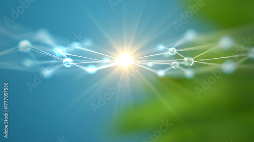 Abstract representation of light beams and particles creating a dynamic energy effect in a serene background.