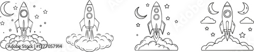 Rocket launching through clouds moon and stars thin outline