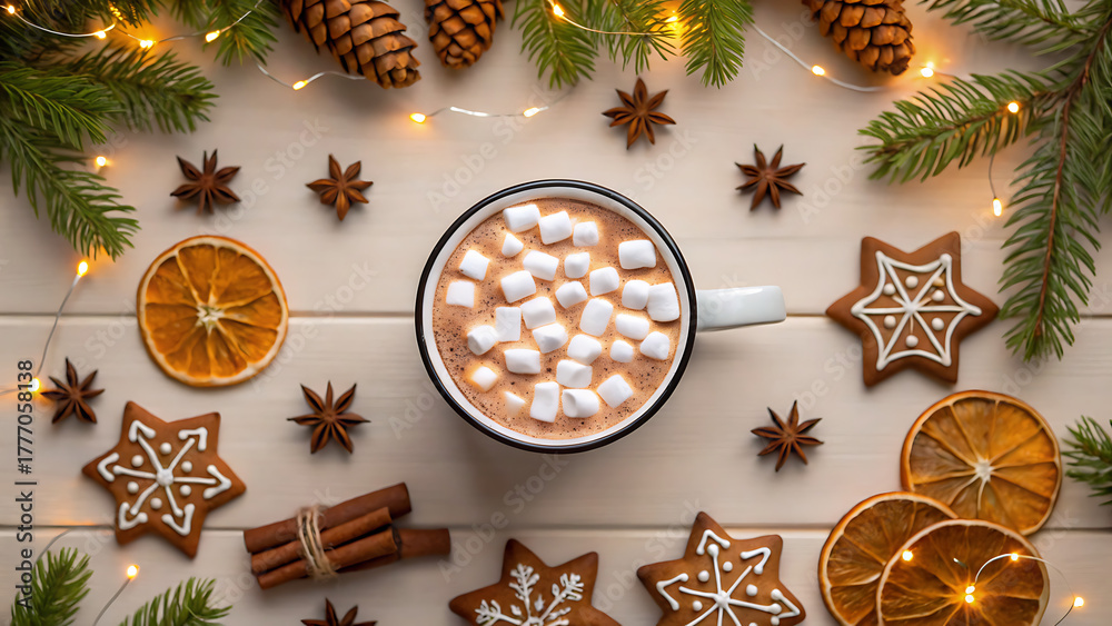 Fototapeta premium Cozy christmas flat lay featuring a mug of hot chocolate with marshmallows surrounded by festive decorations and treats