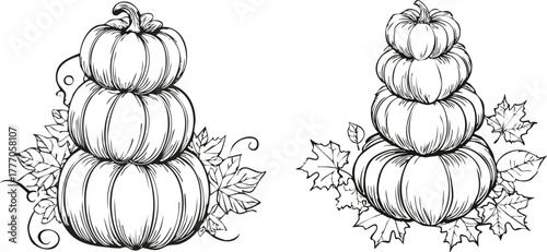 Stacked pumpkins with falling autumn leaves and firefly accents