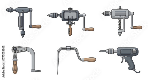 Collection of Vintage Hand Drills and Braces in Vector Format on White Background