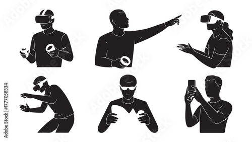 Set of people using virtual reality headsets and smartphones vector silhouette illustration for metaverse and digital technology concepts isolated on white background