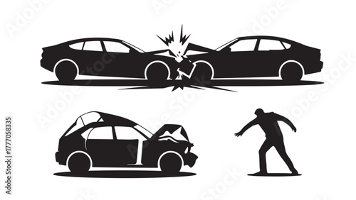 Car accident vector illustration showing a collision and damaged vehicle isolated on white background