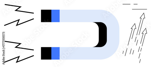 Horseshoe magnet emitting electric sparks and drawing lines upward, representing magnetic force, energy, and attraction. Ideal for science, physics, business, influence, creativity leadership