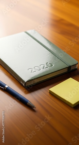 Green 2026 planner with pen and sticky note on wooden desk