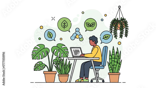 High-Quality Black Outline Colorful Art of Professional Using Laptop in Minimal Green Workspace Decorated with Plants and Leaves, Symbolizing Eco-Conscious Work Culture