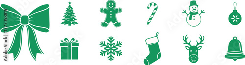 Collection of green Christmas icons including a bow, tree, gingerbread man, candy cane, snowman, ornament, gift, snowflake, stocking, reindeer, and bell, isolated on transparent background