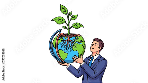 High-Quality Black Outline Colorful Art of Professional Holding Globe with Sprouting Plant, Representing Sustainable Global Business Ethics