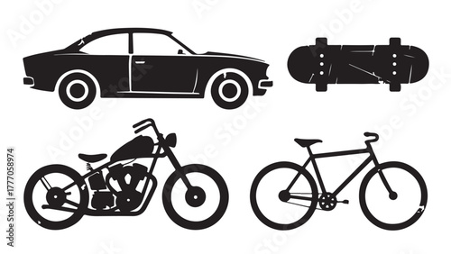 Set of transportation icons including a car skateboard motorcycle and bicycle simple flat vector design element isolated on white background
