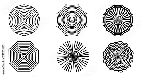 Abstract geometric patterns featuring concentric lines and varied polygonal shapes