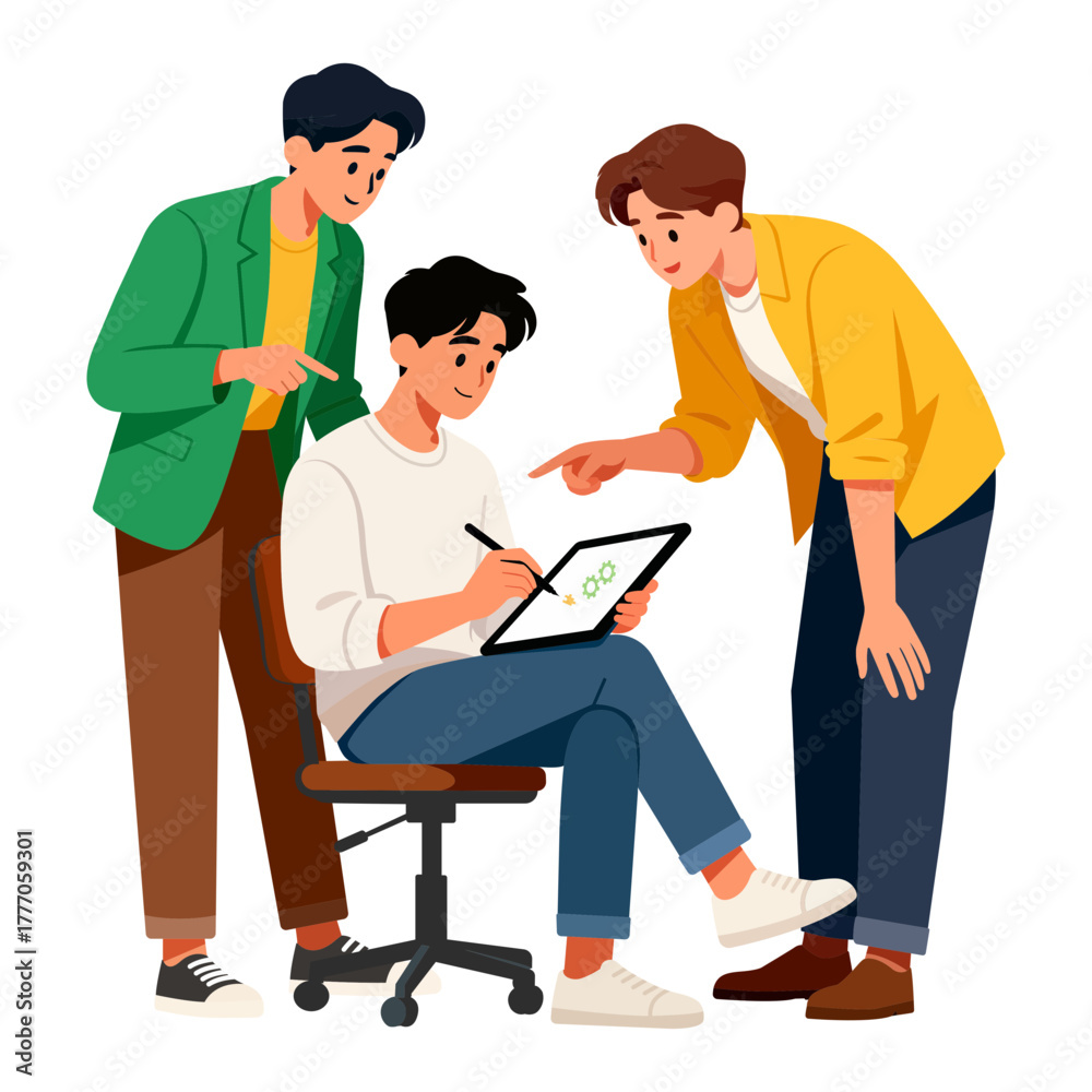 Fototapeta premium a designer sketching on a tablet while teammates share feedback, collaboration and creativity concept,