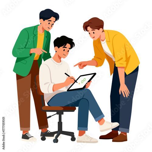 a designer sketching on a tablet while teammates share feedback, collaboration and creativity concept,