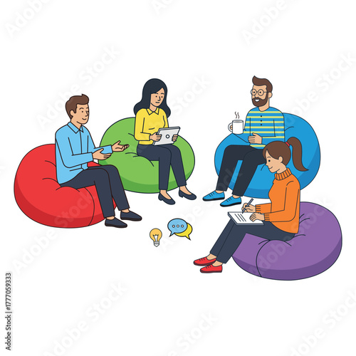 coworkers sitting in bean bags discussing creative ideas, modern office teamwork,