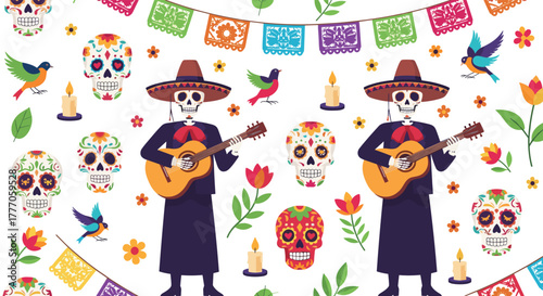 Festive Day of the Dead background with mariachi skeletons playing guitars, colorful sugar skulls, traditional papel picado banners, candles, and cheerful birds.
