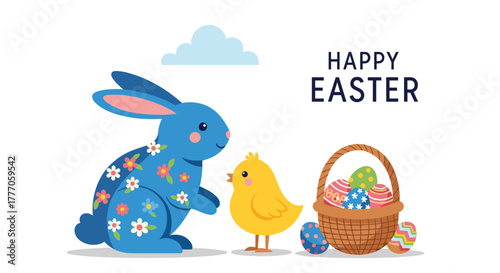 Happy Easter greeting card with a blue rabbit, yellow chick, and a basket filled with colorful decorated eggs.