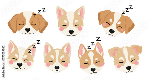 Adorable cartoon dog faces featuring a mix of breeds, some soundly sleeping with Zz and others happily awake on a white background.