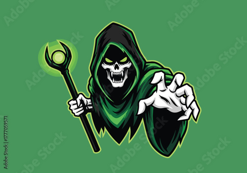 Grim reaper gaming logo with glowing staff and green aura - Gaming logo - Gaming Mascot - esport mascot vector illustration