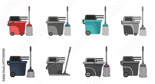 Collection of cleaning equipment and tools vector icons on white background