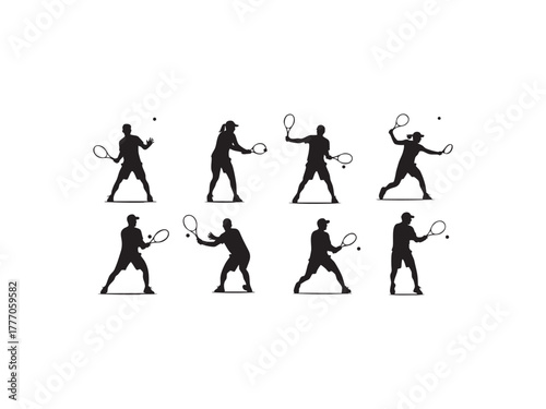 Illustration of a group of tennis players in silhouette form, ready to strike the ball, , with various poses and stances