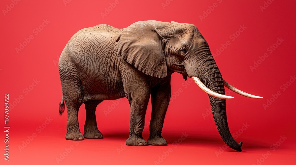 Fototapeta premium A large elephant stands on a vibrant red backdrop, its tusks gleaming. The pachyderm is posed in full profile