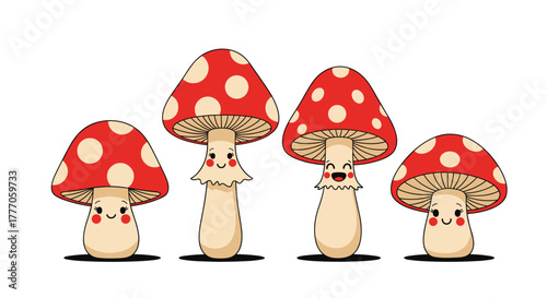 A whimsical illustration of four happy cartoon mushrooms with red spotted caps and cheerful faces, standing together on a white background.