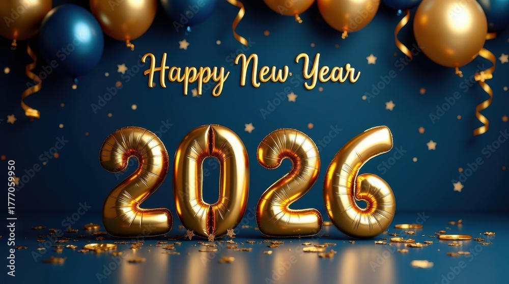 Fototapeta premium Golden 2026 balloons celebrate happy new year with blue and gold decorations