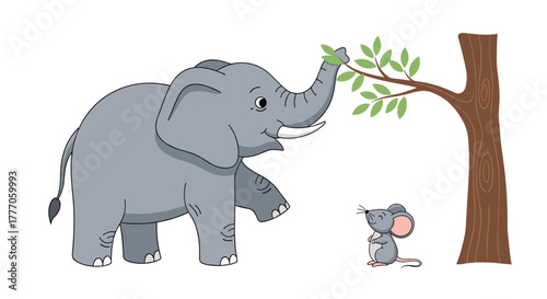 An adorable gray elephant reaches its trunk up to pluck green leaves from a tree, while a small gray mouse stands nearby, looking on.