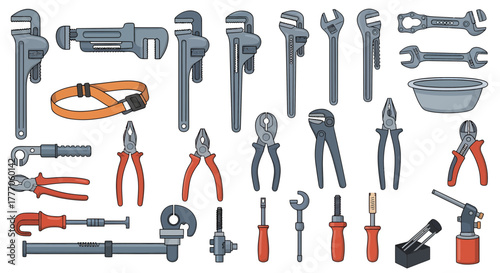 Collection of various tools and equipment on a white background, viewed from directly above.