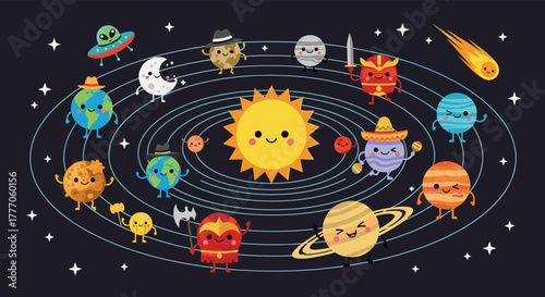 An adorable cartoon solar system with happy planets, the sun, moon, and a playful comet, depicted as charming characters orbiting in a starry dark sky.