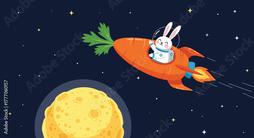 An adorable astronaut bunny smiles and waves from its carrot rocket ship, flying through the starry night sky towards a cheesy moon.