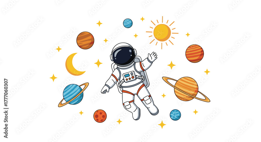 Obraz premium A cheerful cartoon astronaut floats among colorful planets, stars, the moon, and the sun in a vibrant illustration of the solar system.